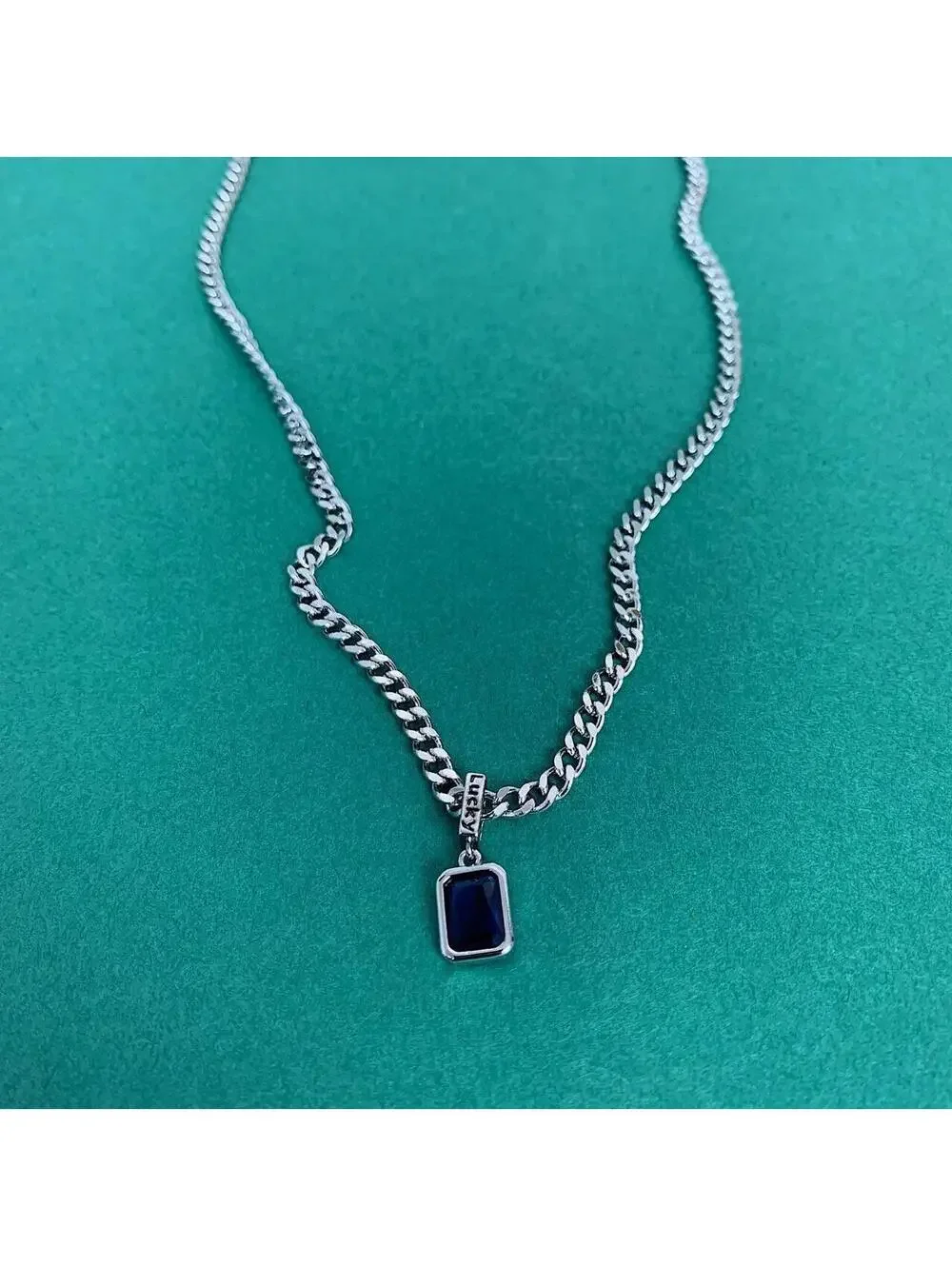 Sterling silver blue jewel pendant Cuban link choker necklace. Chain is unisex